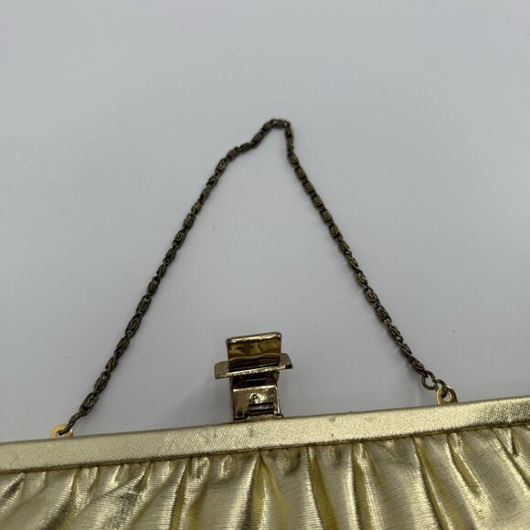 Vintage Unbranded Gold Metallic Shiny Clutch Bag Evening Formal Buckle Satin - Picture 9 of 10